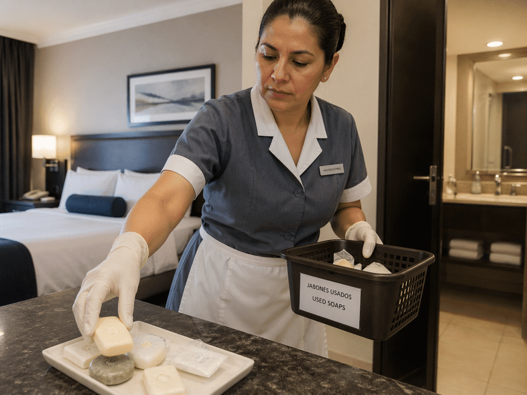 Personal de housekeeping reciclando jabones usados de hoteles